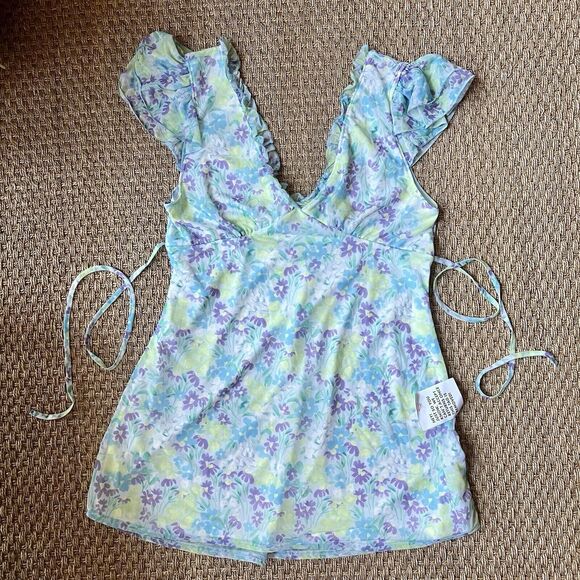 ASOS Mesh Mini Tea Dress Ruffle Sleeve Blue Floral Sz 14 Whimsy Fairy Cottage - Picture 2 of 6